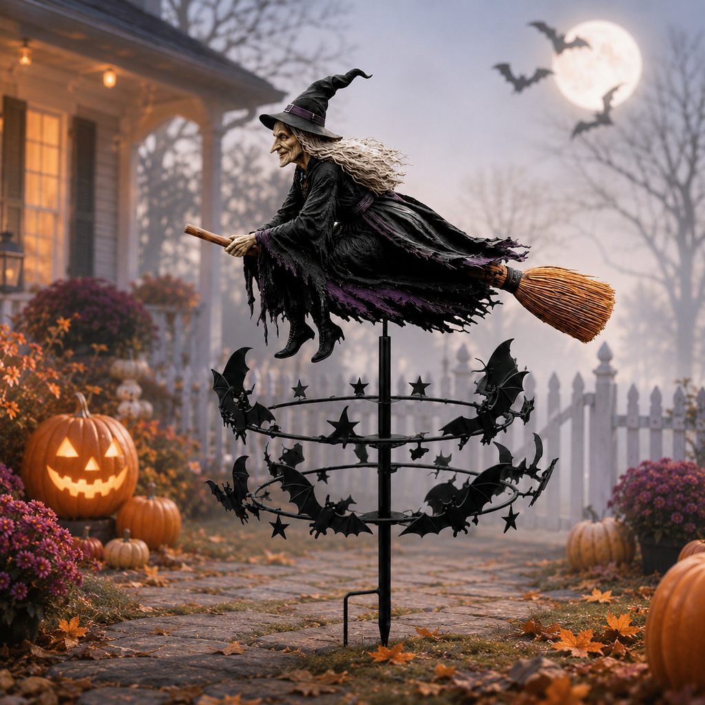 🔥49% OFF Last Day🧙‍♀️ Enchanted Witch Garden Spinner – Halloween Flying Witch & Bat Yard Stake Decor