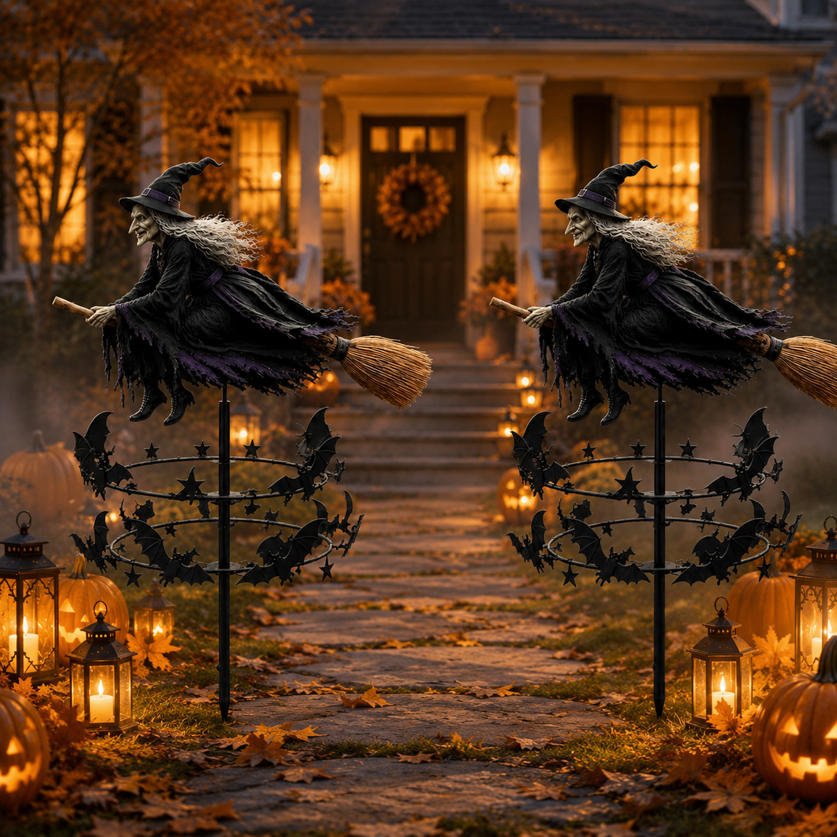 🔥49% OFF Last Day🧙‍♀️ Enchanted Witch Garden Spinner – Halloween Flying Witch & Bat Yard Stake Decor