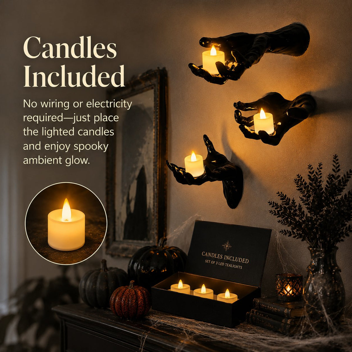 Halloween Decorations, Pack of 3 Wall Mounted Creepy Reaching Hands with Lighted Candles